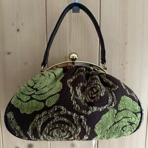 Glenda Gies "Chloe" Olive/Chocolate Floral Chenille Handbag Clasp Small 10x6x3in
